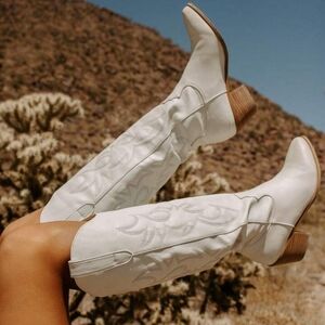 Elegant White Embroidered Heeled Boots